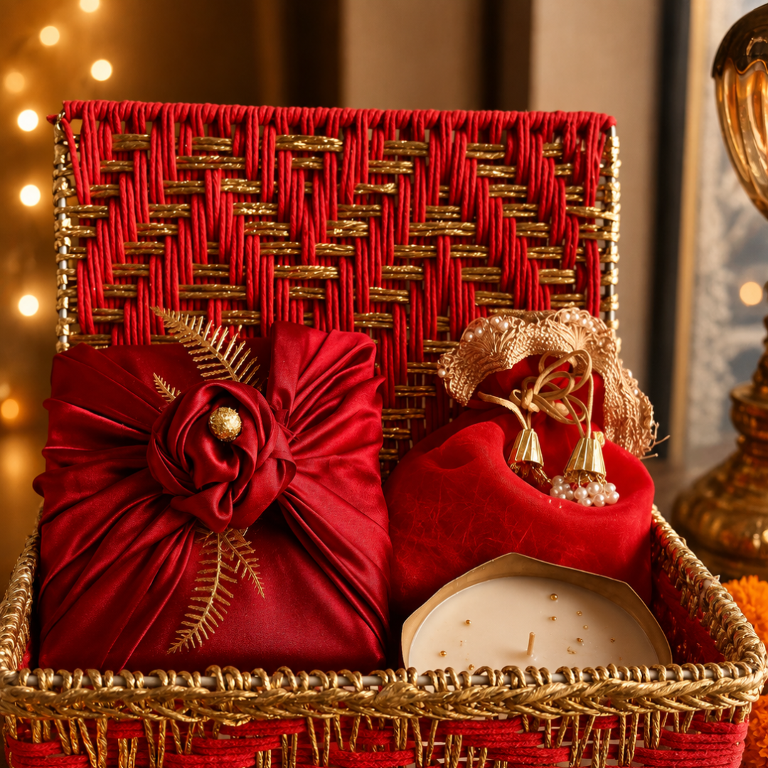 Ruby Utsav Red Festive Gift Basket – Diwali Gift Hamper with Urli Soy Wax Candle - https://artecasa.in/