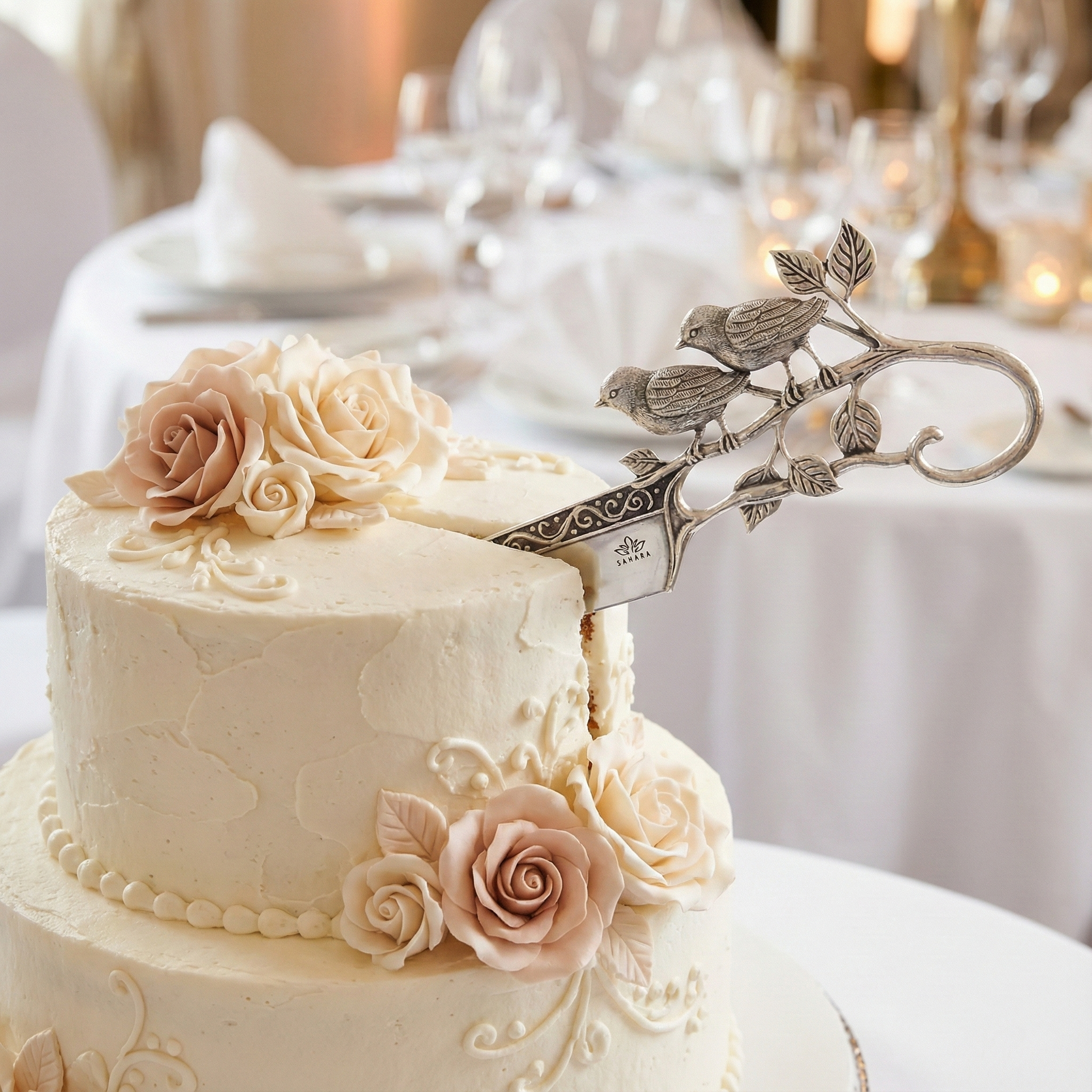 Luxury Silver Cake Knife with Twin Bird Motif – Designer Celebration Knife - Product Image 