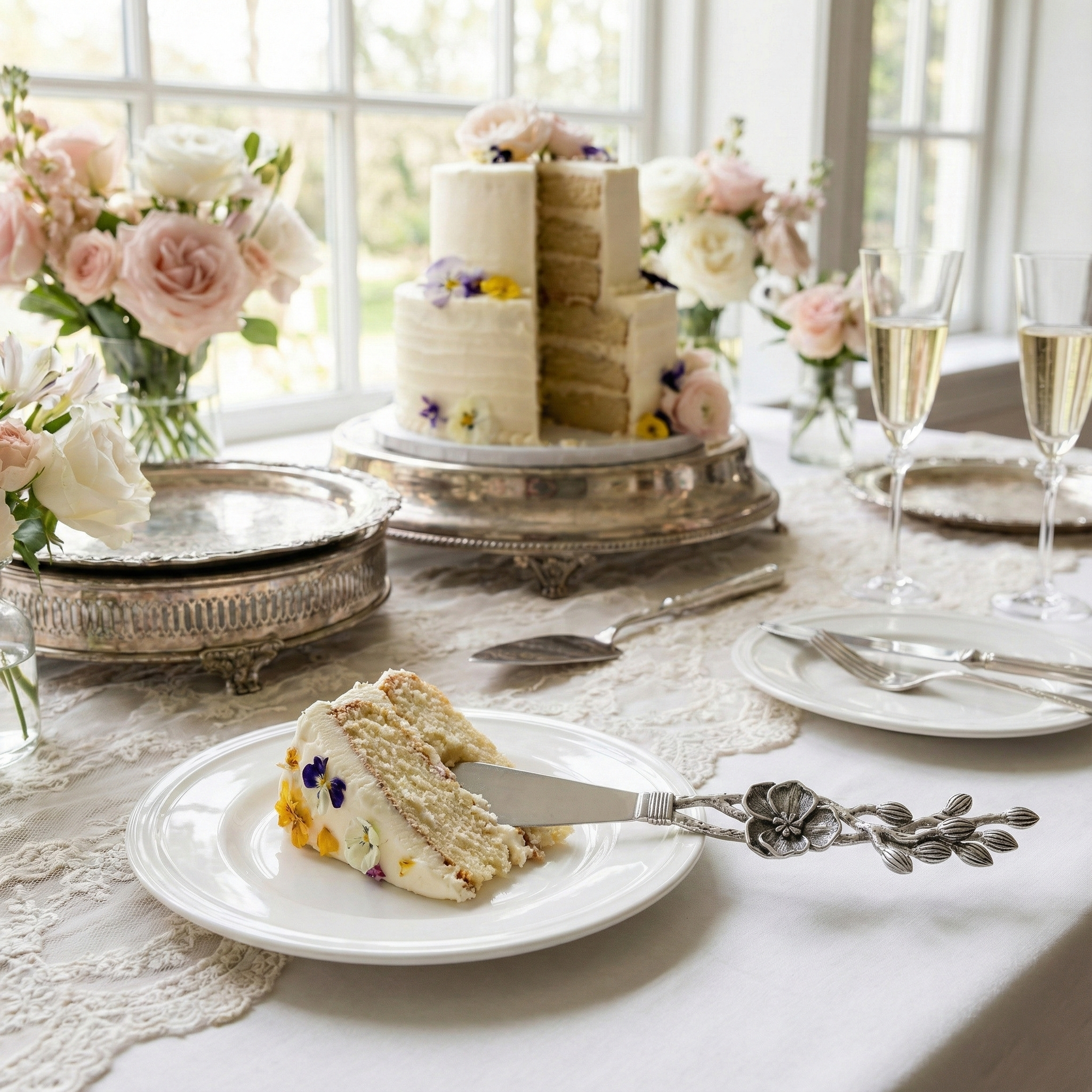 Luxury Floral Silver Cake Knife – Designer Celebration Knife with Sculpted Flower Handle