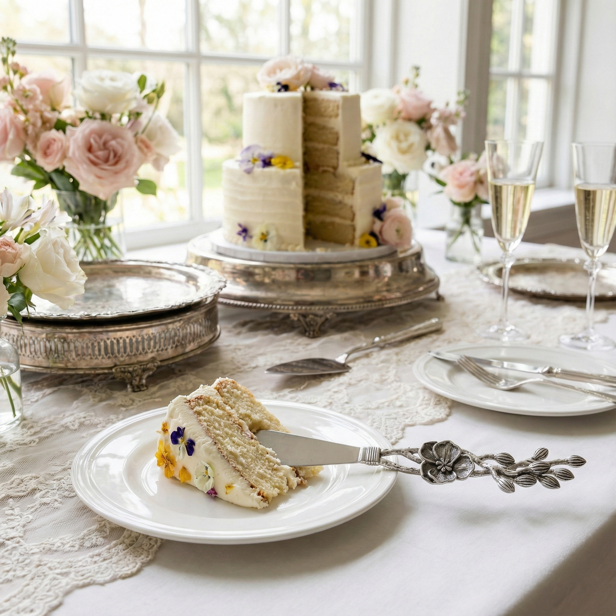 Luxury Floral Silver Cake Knife – Designer Celebration Knife with Sculpted Flower Handle