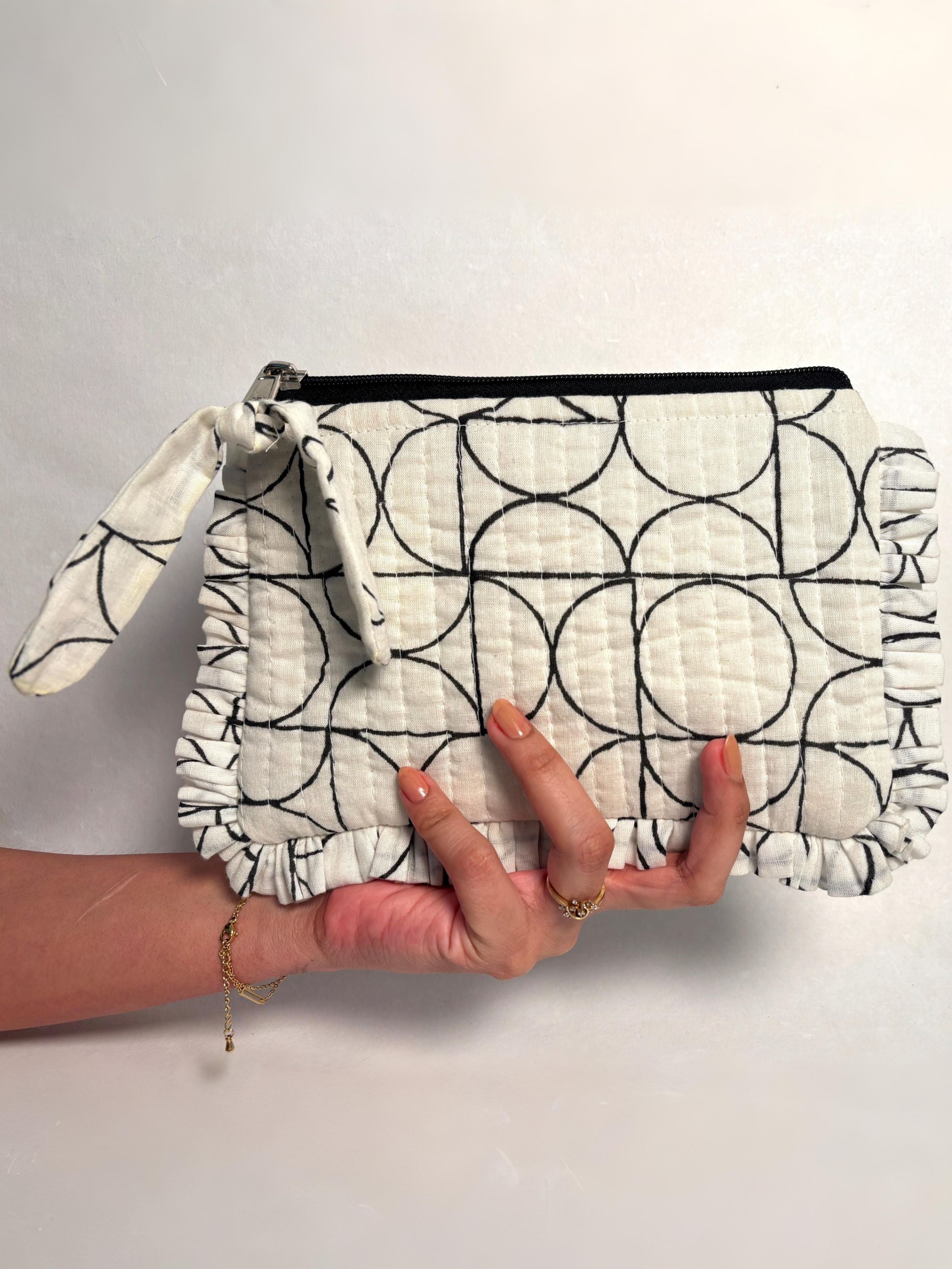 Sustainable Quilted Cotton Travel Pouch l Black & White Organizer