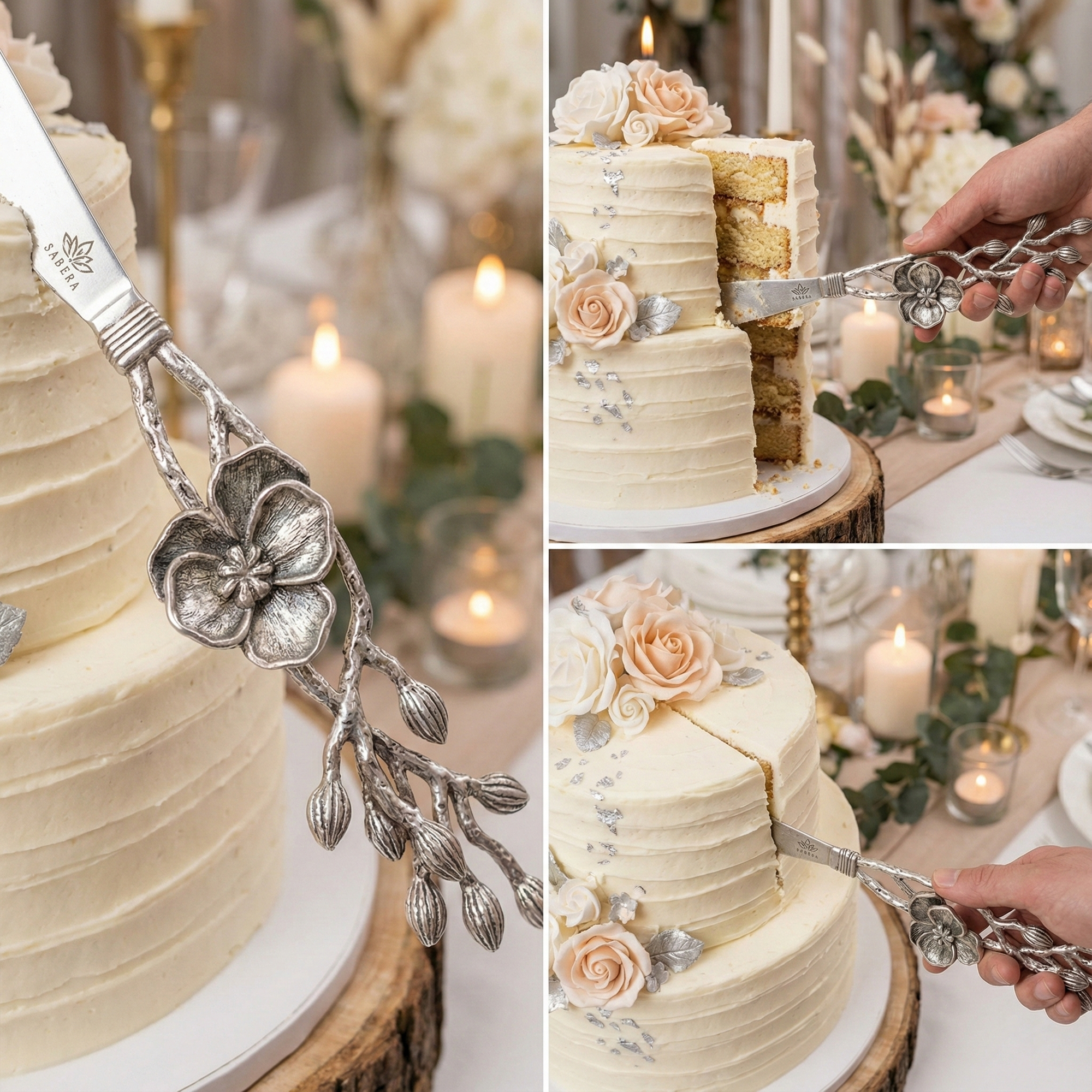 Luxury Floral Silver Cake Knife – Designer Celebration Knife with Sculpted Flower Handle