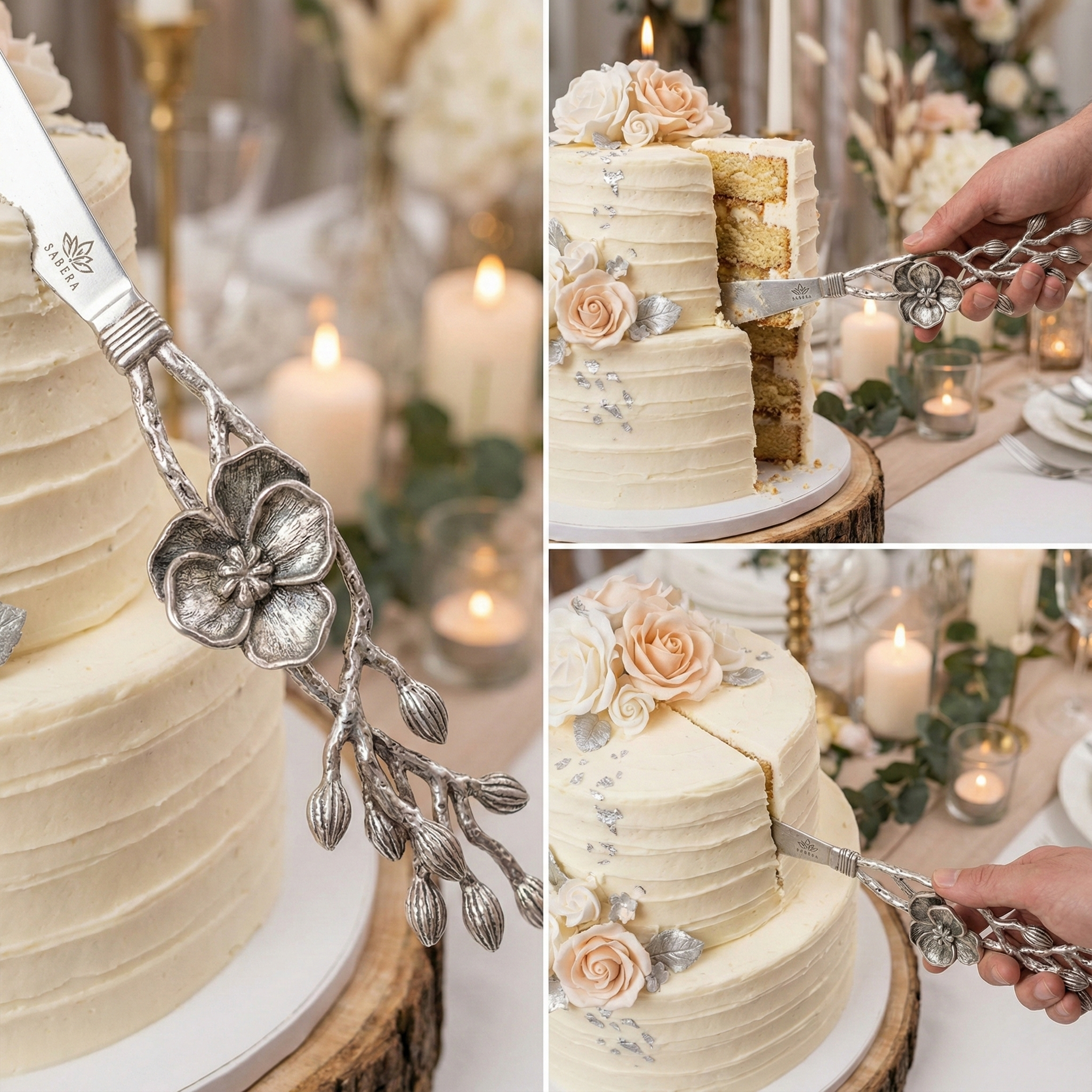 Luxury Floral Silver Cake Knife – Designer Celebration Knife with Sculpted Flower Handle