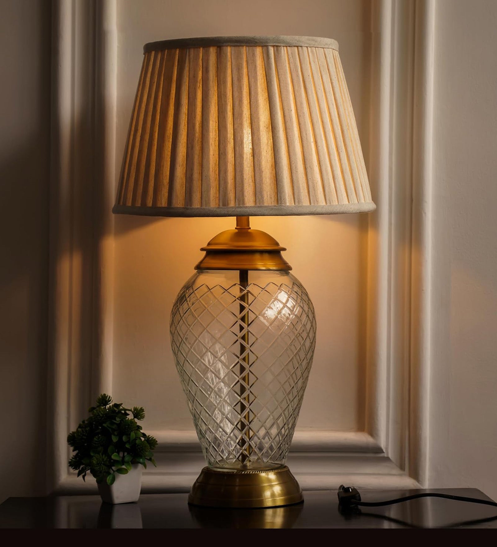 Diamond-Cut Glass Table Lamp, Antique Brass (23") – Pleated Shade