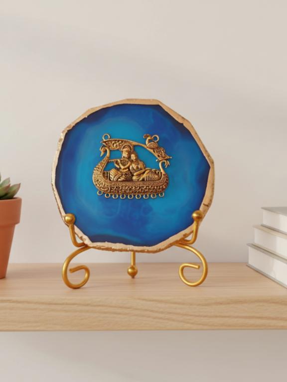 Agate Metal Radha Krishna Decorative Plate with Stand