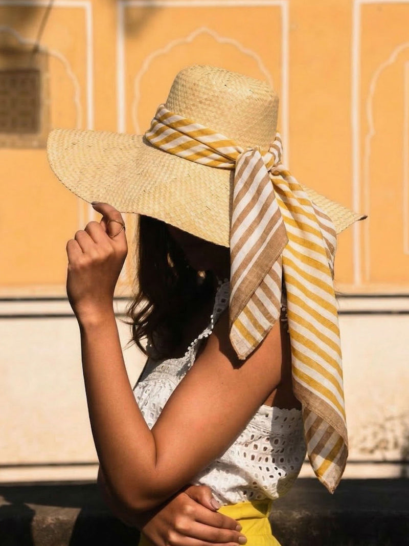 Yellow & Brown Stripes Bandana I Cotton Square Scarf