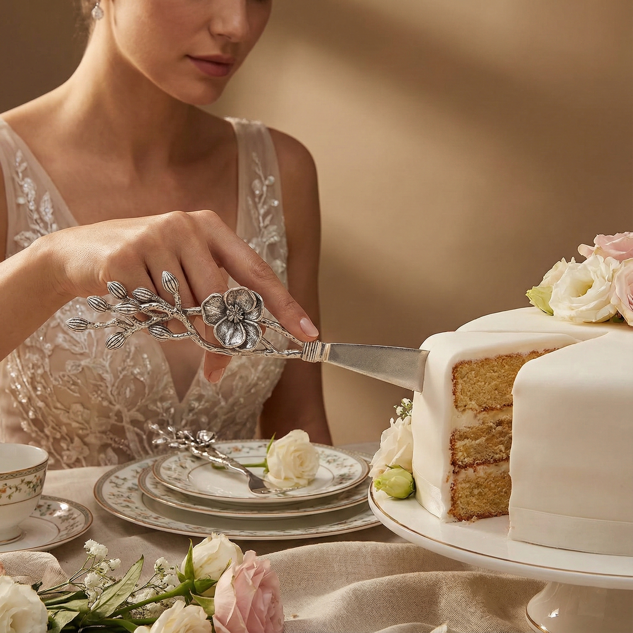 Luxury Floral Silver Cake Knife – Designer Celebration Knife with Sculpted Flower Handle