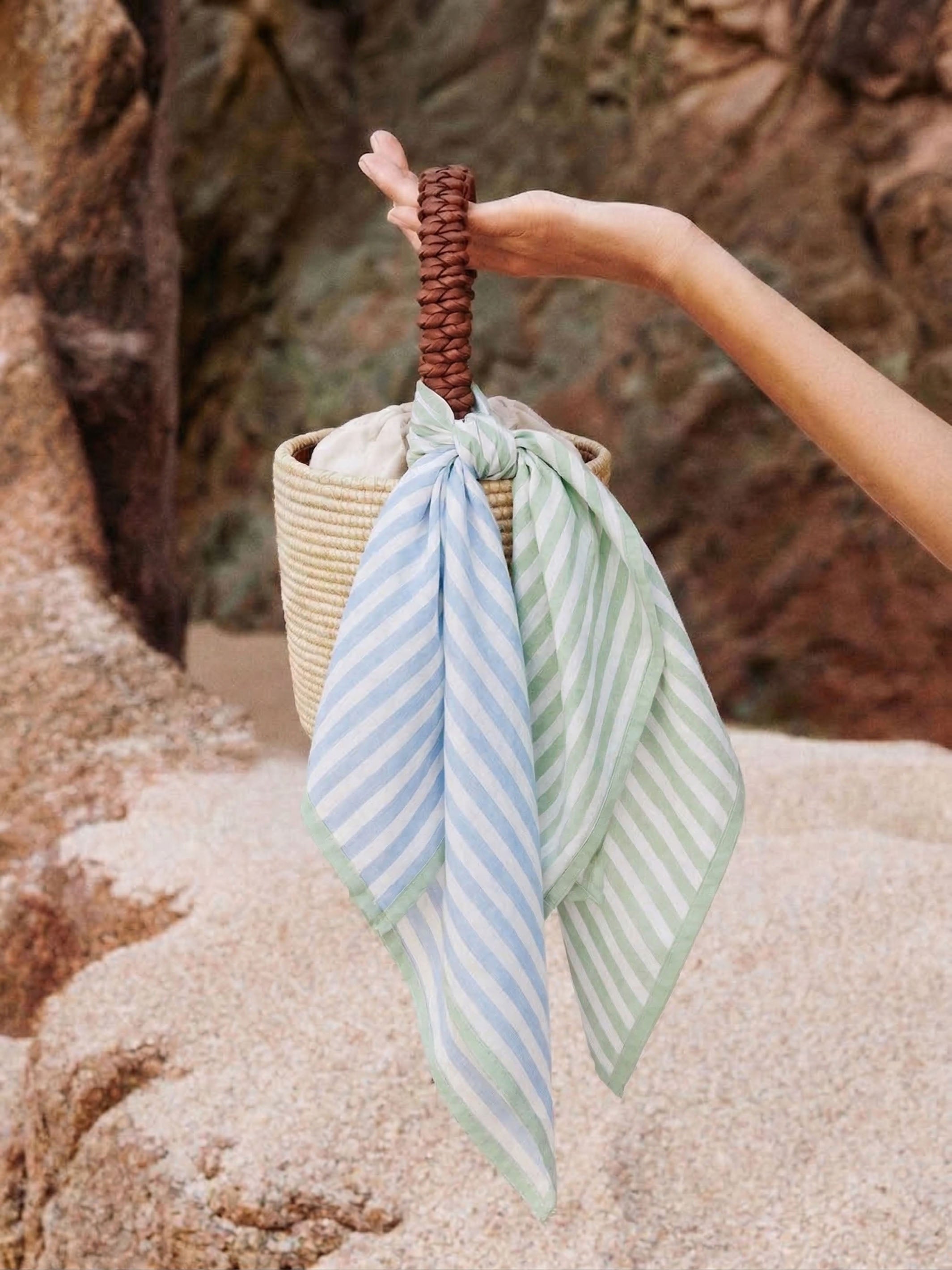 Blue & Green Stripes Bandana I Cotton Square Scarf - Product Image 