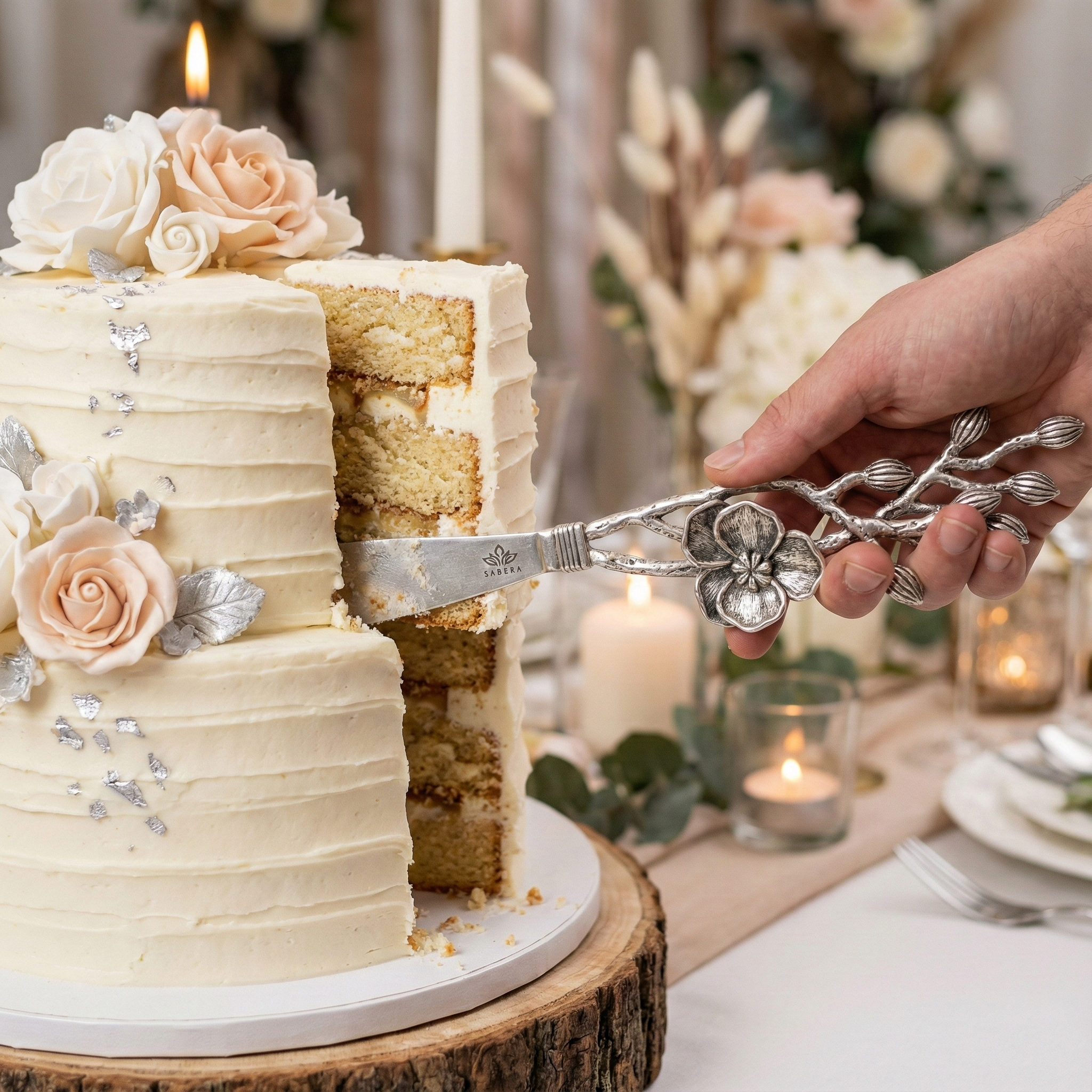 Luxury Floral Silver Cake Knife – Designer Celebration Knife with Sculpted Flower Handle