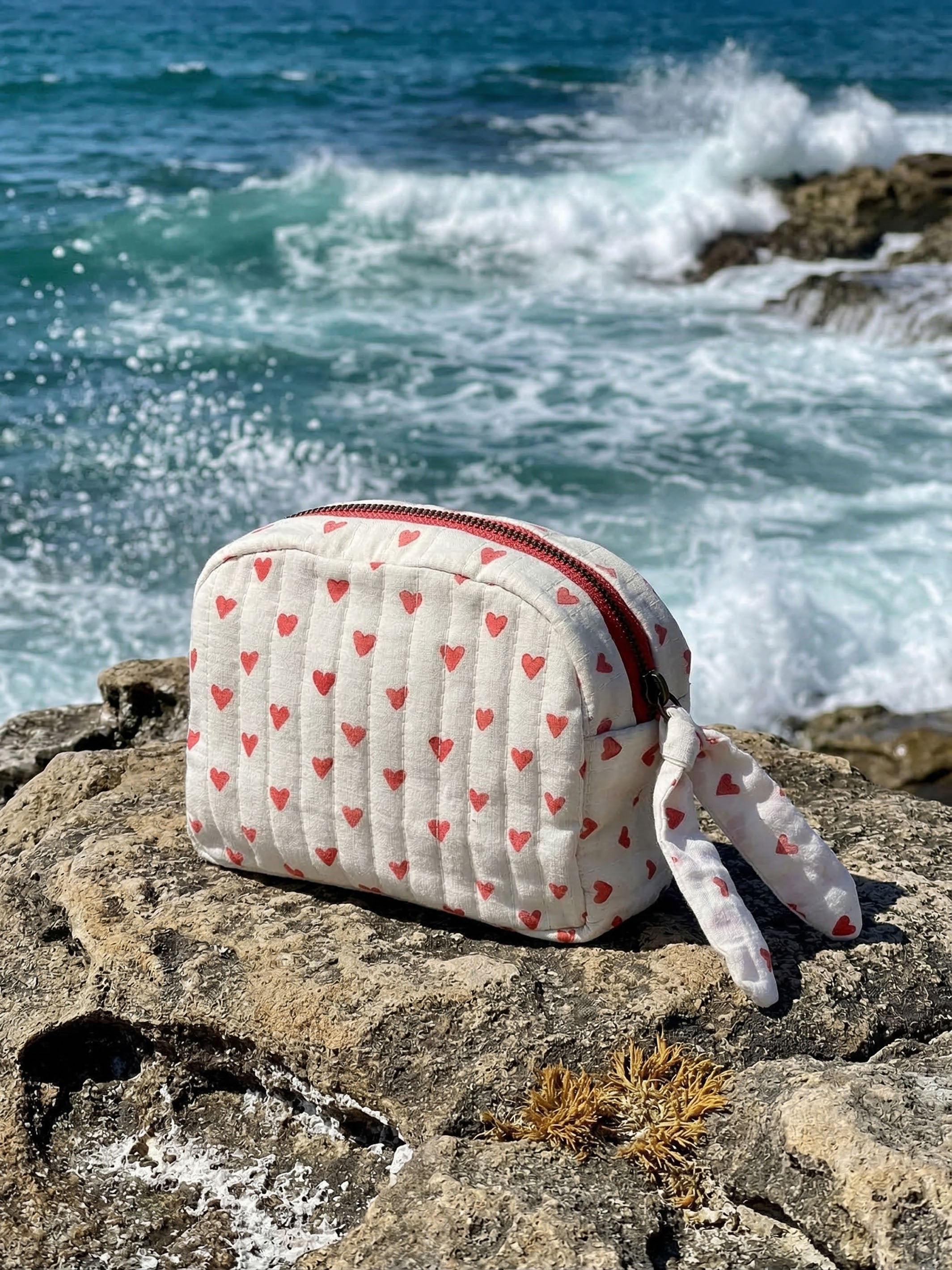 Red Hearts on White Quilted Cotton Travel Pouch