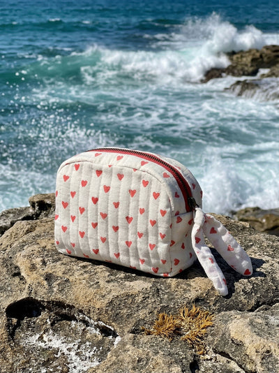 Red Hearts on White Quilted Cotton Travel Pouch