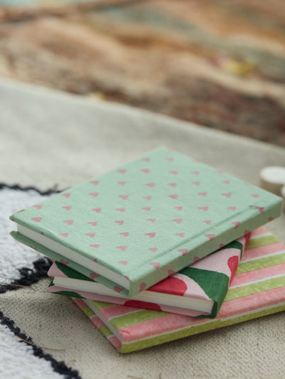 Handcrafted Sustainable A5 Diary Journal Notebook l Handmade Paper l Pink Hearts on Green