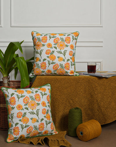 Set Of 2 - Yellow Cotton Embroidery Cushion Cover - 16"X16"