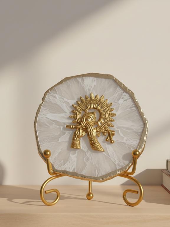 Agate Metal Krishna Decorative Plate with Stand