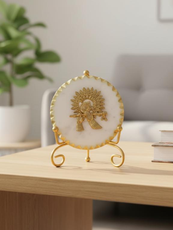Premium Marble Metal Krishna Decorative Plate with Stand
