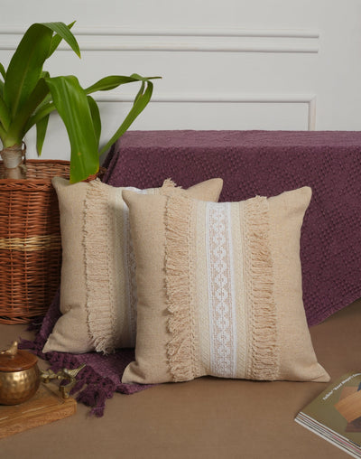 Set Of 2 - Beige Lurex Embellishment Cushion Cover - 16"X16"