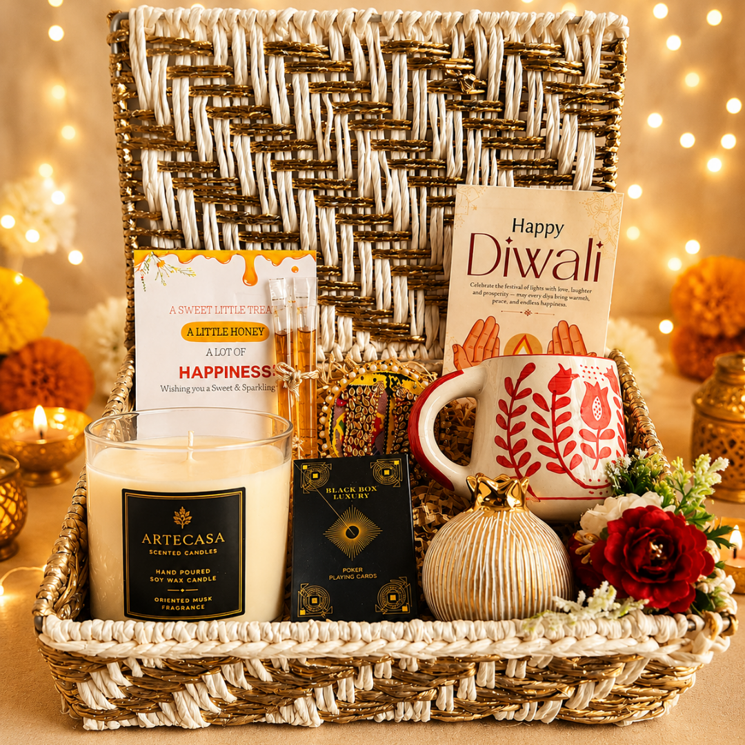 Royal Shagun White & Gold Diwali Gift Hamper - https://artecasa.in/