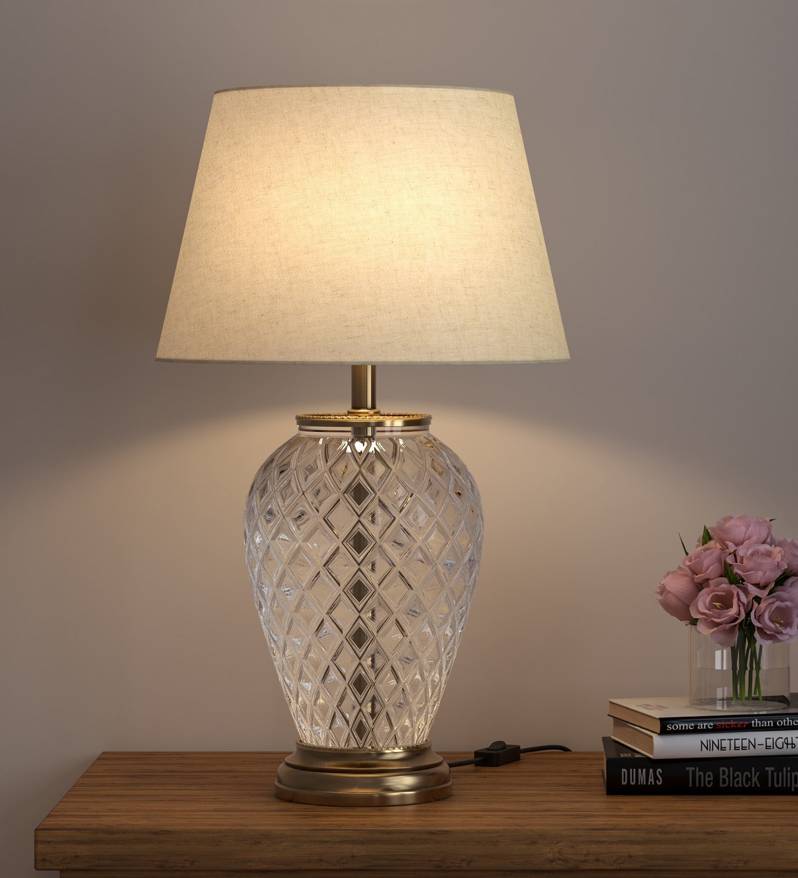 Diamond-Cut Glass Table Lamp, Antique Brass (23") – Off-White 14" Shade