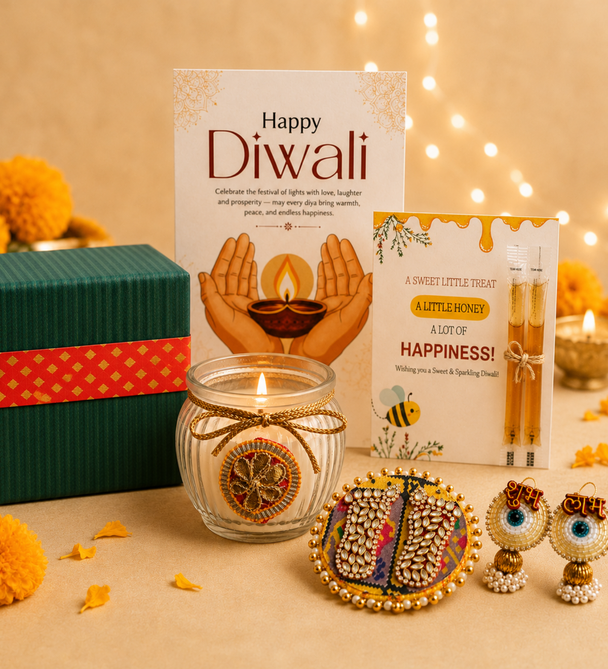 Sutli Bomb Box Diwali Gift Hamper with Matka Candle, Mata Laxmi Charan & Shubh Labh - https://artecasa.in/