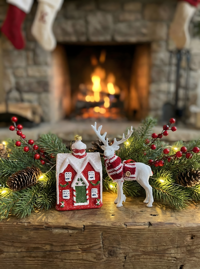 Christmas Tree Ornaments Set of 2 – Snowy Cottage and White Reindeer