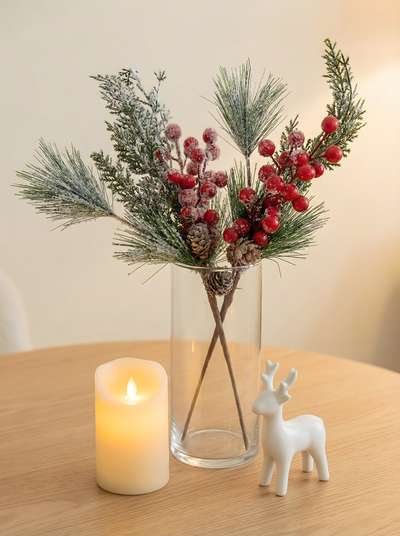 Frosted Red Berries & Pine Vase Fillers (Set of 2)