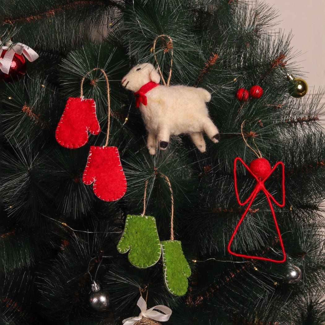 Christmas Hanging Felt Ornaments (Bethlehem Sheep + Angel + 2 Mittens)