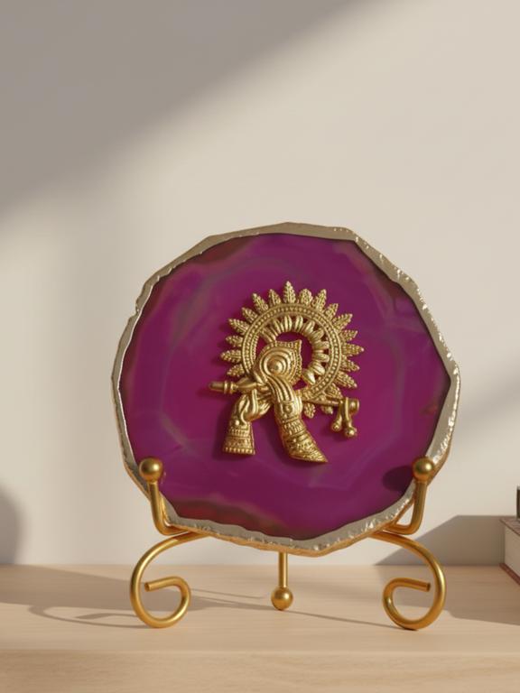 Agate Metal Krishna Decorative Plate with Stand