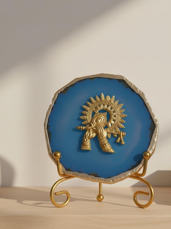 Agate Metal Krishna Decorative Plate with Stand