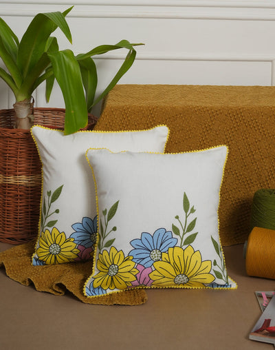 Set Of 2 - Off White Floral Embroidery Cotton Cushion Cover  - 16"X16"