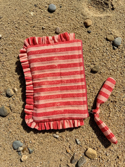 Pink & Red Stripes & Quilted Cotton Flat Frill Travel Pouch