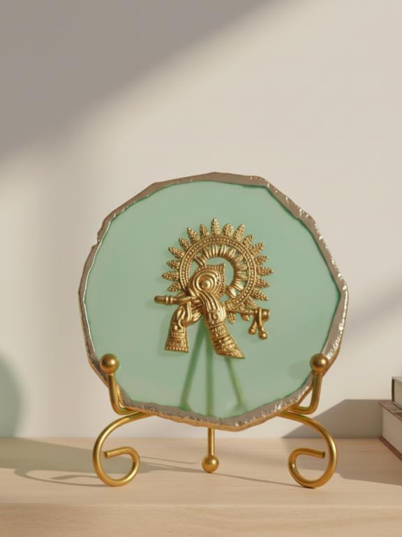 Agate Metal Krishna Decorative Plate with Stand