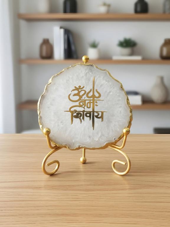 Agate Decorative Plate with Metal Stand | Om Namah Shivaya