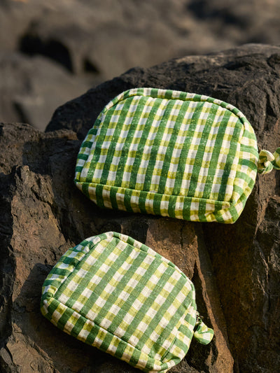 Sustainable Quilted Cotton Travel Pouch Set l Green Checks Classic Organiser Set