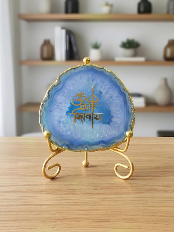 Agate Decorative Plate with Metal Stand | Om Namah Shivaya