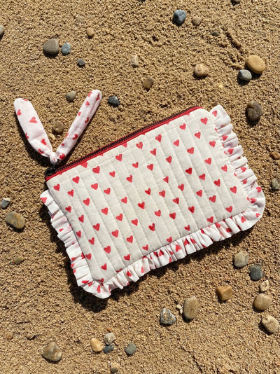 Red Hearts Sustainable Quilted Cotton Flat Frill Travel Pouch