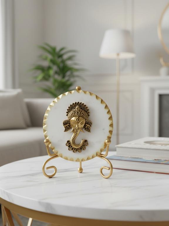 Premium Marble Metal Ganesha Decorative Plate with Stand