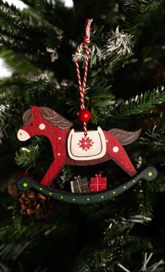 Wooden Rocking Horse Hanging Ornament - Red and Green with Gifts_CC16
