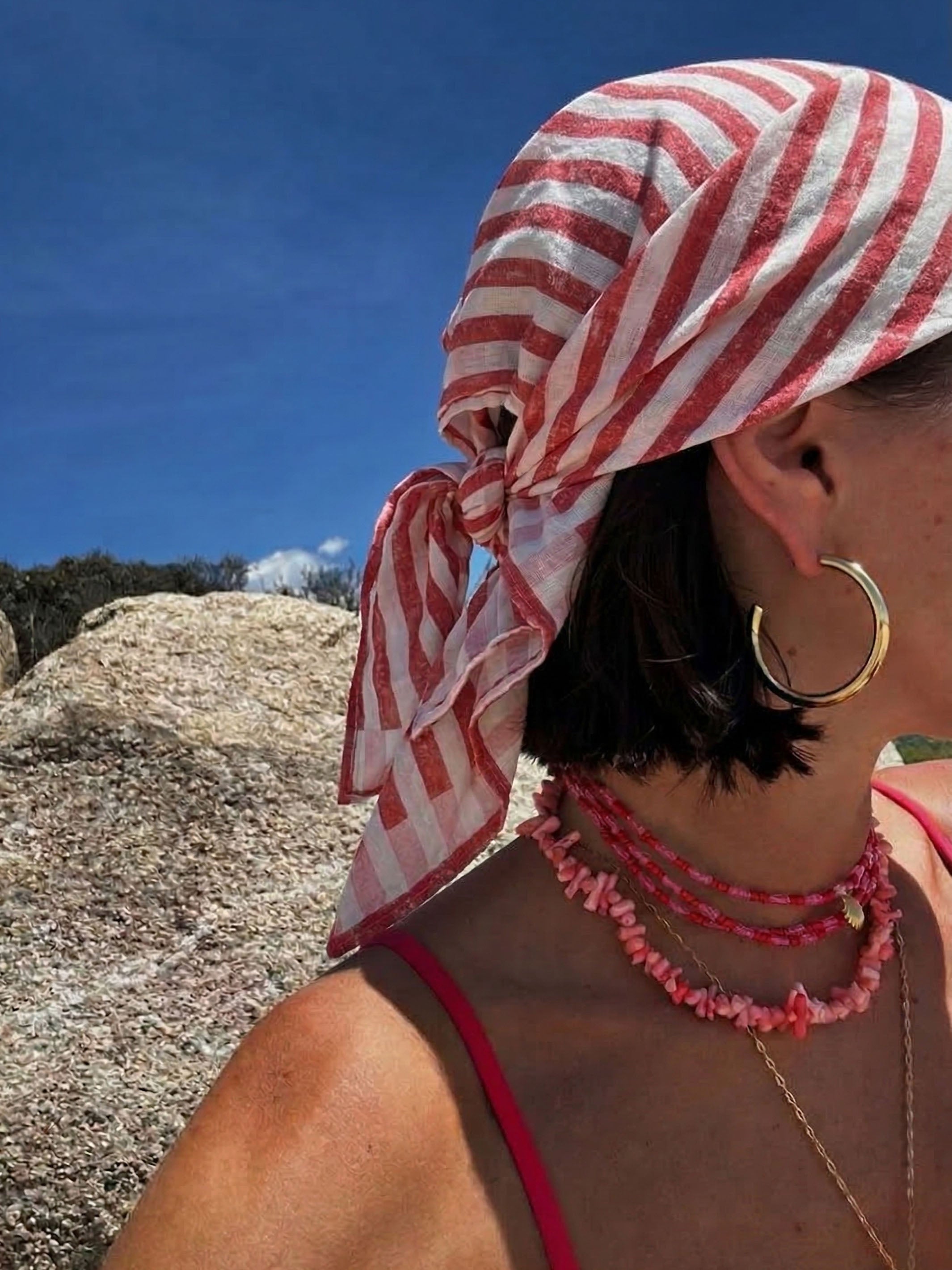 Pink & Red Stripes Bandana Cotton Square Scarf - Product Image 