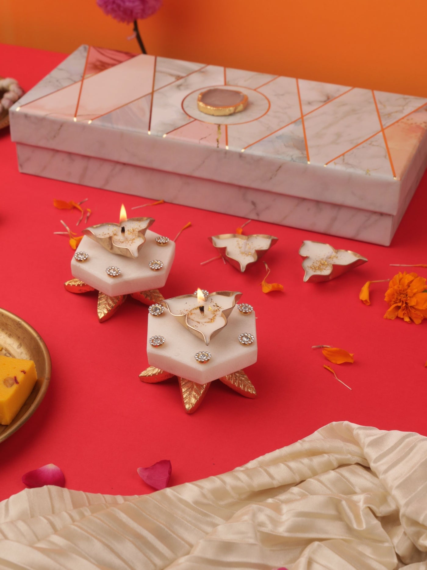 2 Marble Hexagon Pooja Chowki With 4 Metal Votive Candle