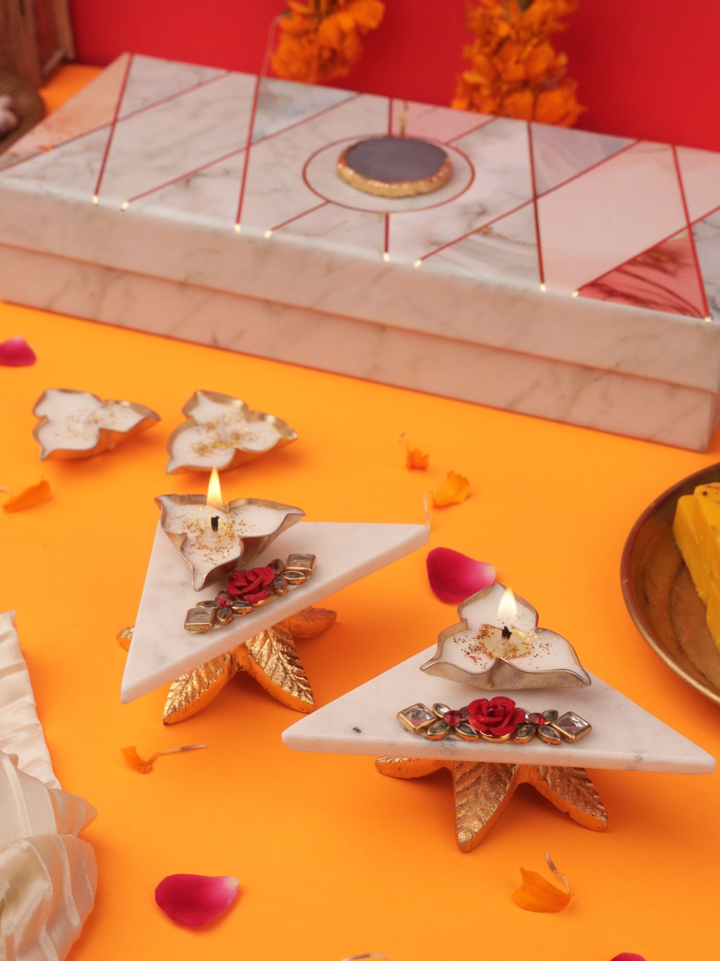 2 Marble Triangular Pooja Chowki With 4 Metal Votive Candle