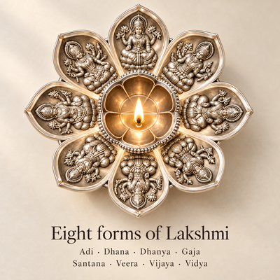 Top view of the Ashtadal diya showing the eight forms of Lakshmi: Adi, Dhana, Dhanya, Gaja, Santana, Veera, Vijaya and Vidya