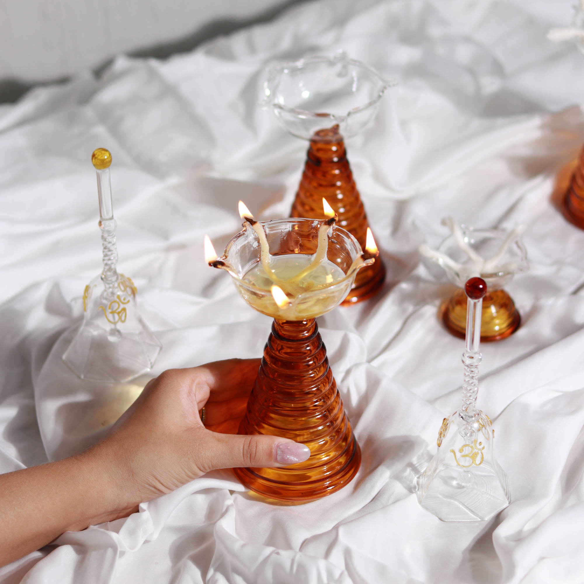 Glass Festive Gift Box - Tall Diya, Short Diya and Bell