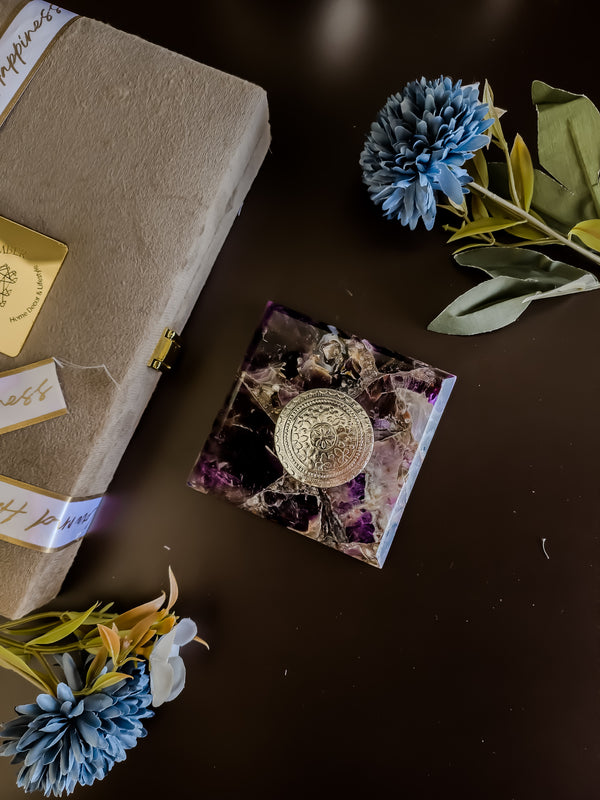 Amethyst Square Gemstone Coaster With Silver Dibbi