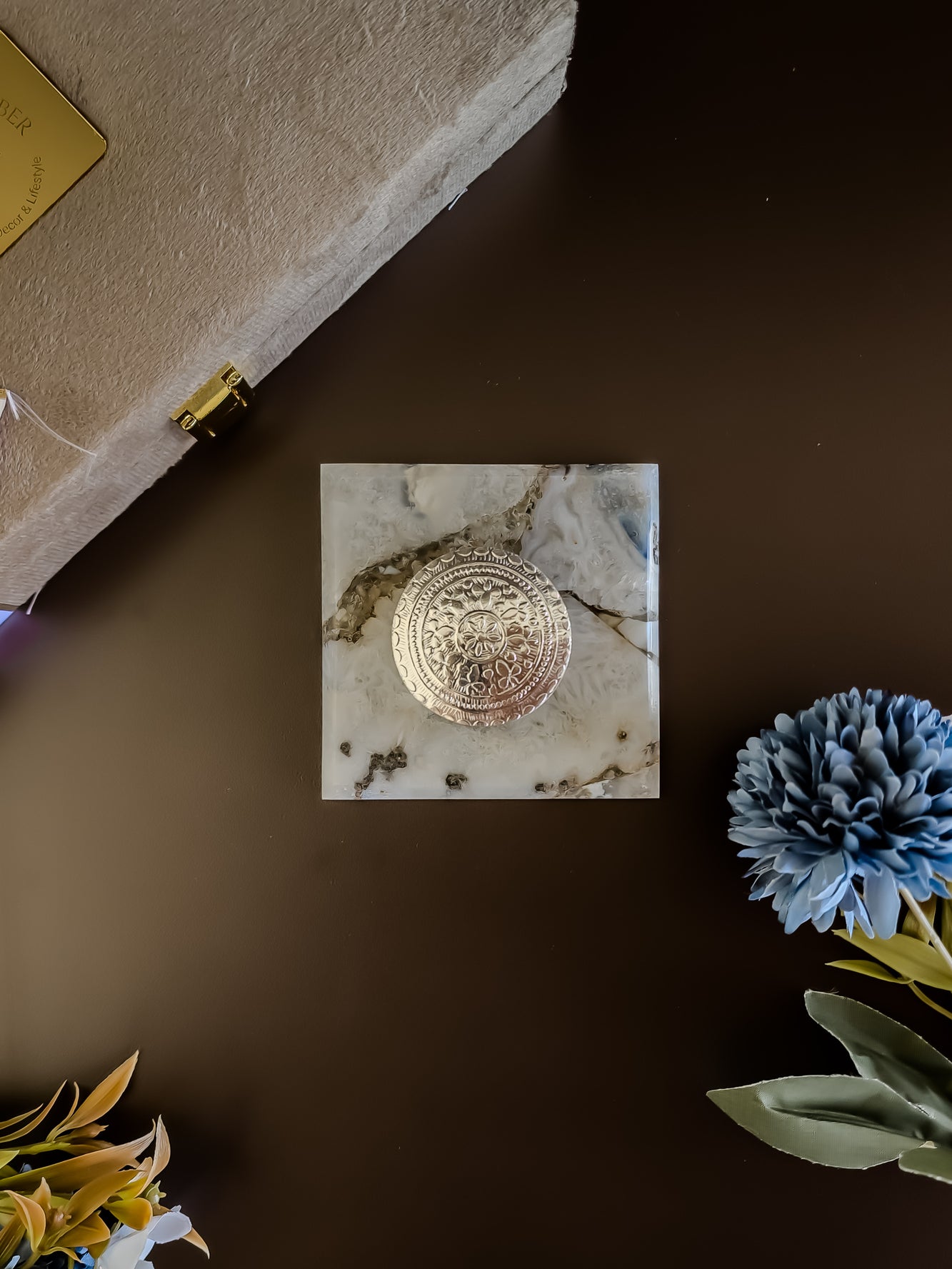 Natural Agate Square Gemstone Coaster With Silver Dibbi