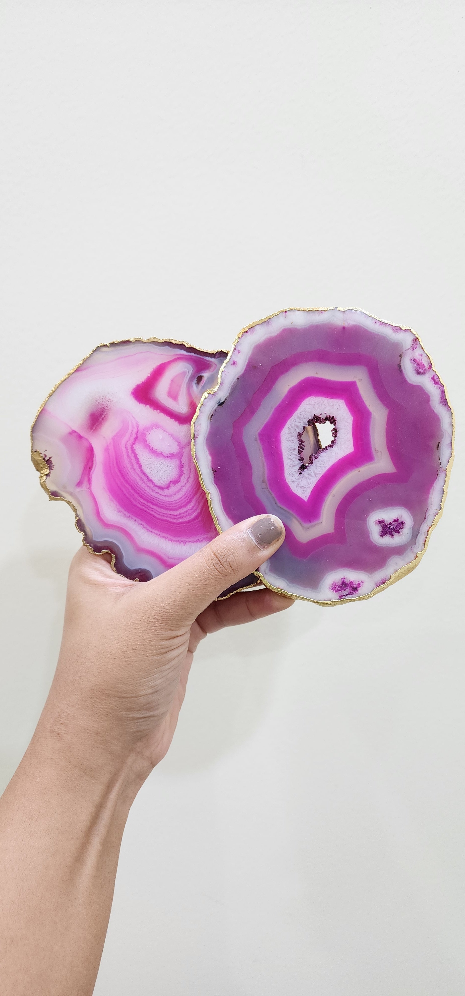 Agate Coaster Set Of 2 - Pink with Gold Plated edge