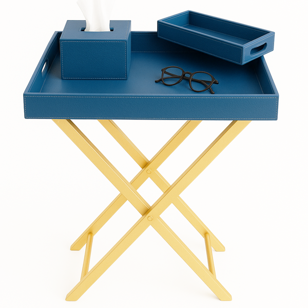 Pu Leather Foldable Tray with Metal Stand ( Ink Blue)