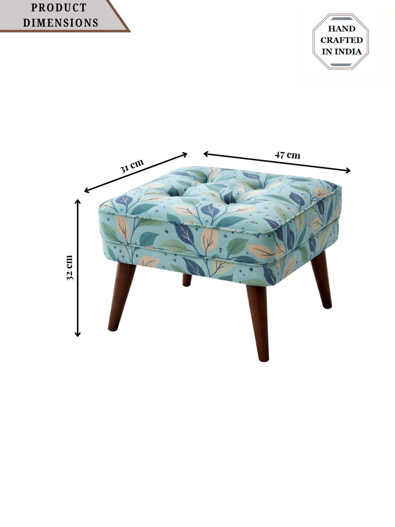Floral Upholstered Ottoman Stool with Sagwan Wooden Legs