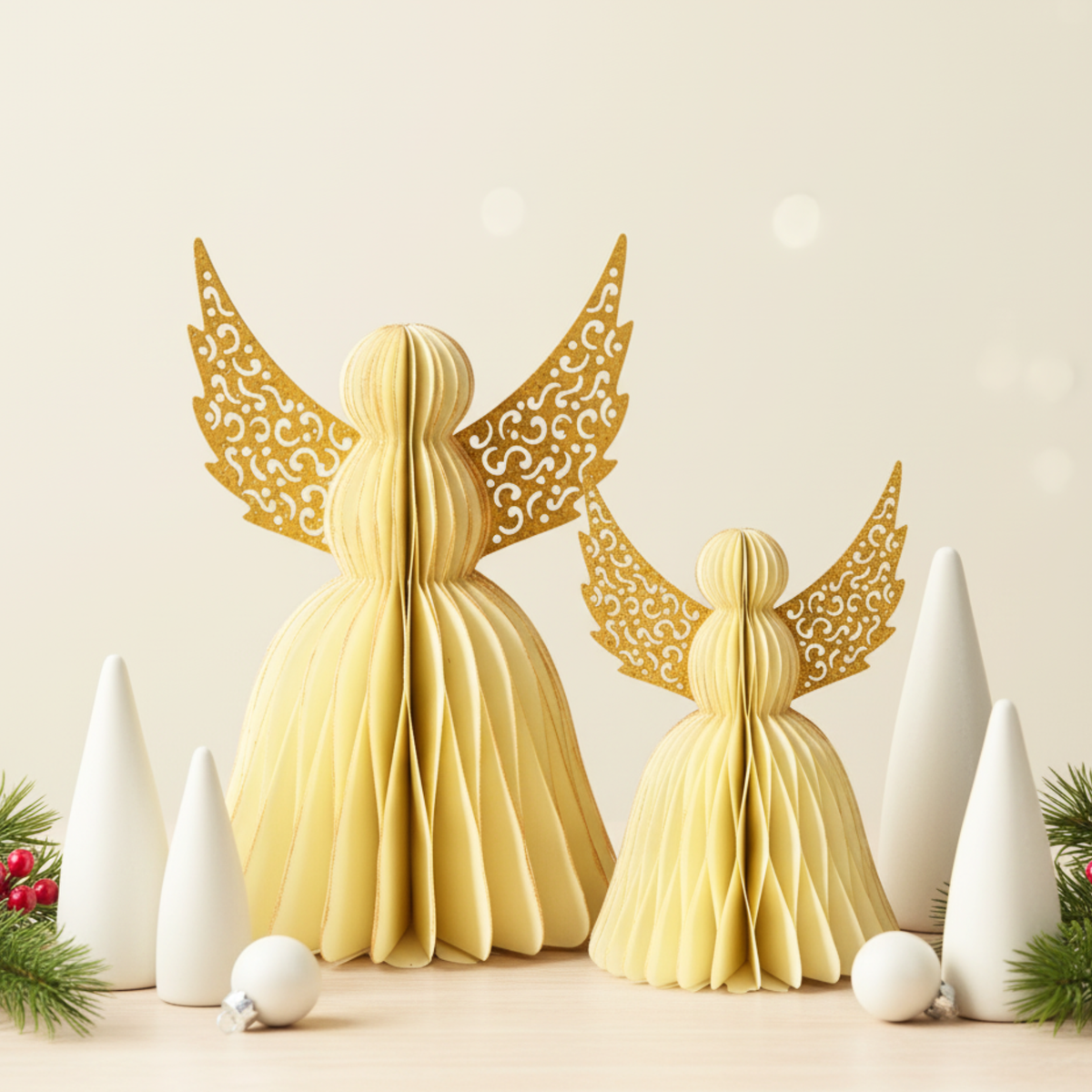 Off-white Angel With Dull Gold Wings And Gold Glitter Edges (Set of 2)