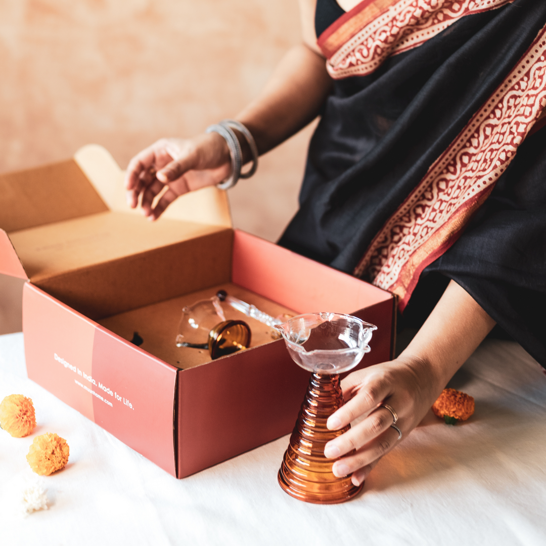 Glass Festive Gift Box - Tall Diya, Short Diya and Bell