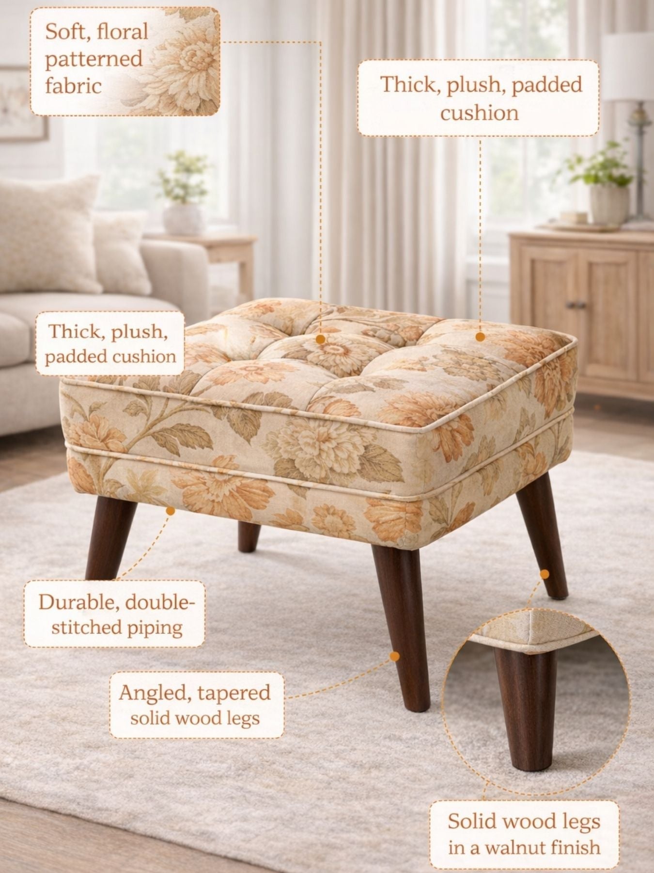 Floral Upholstered Ottoman Stool with Sagwan Wooden Legs
